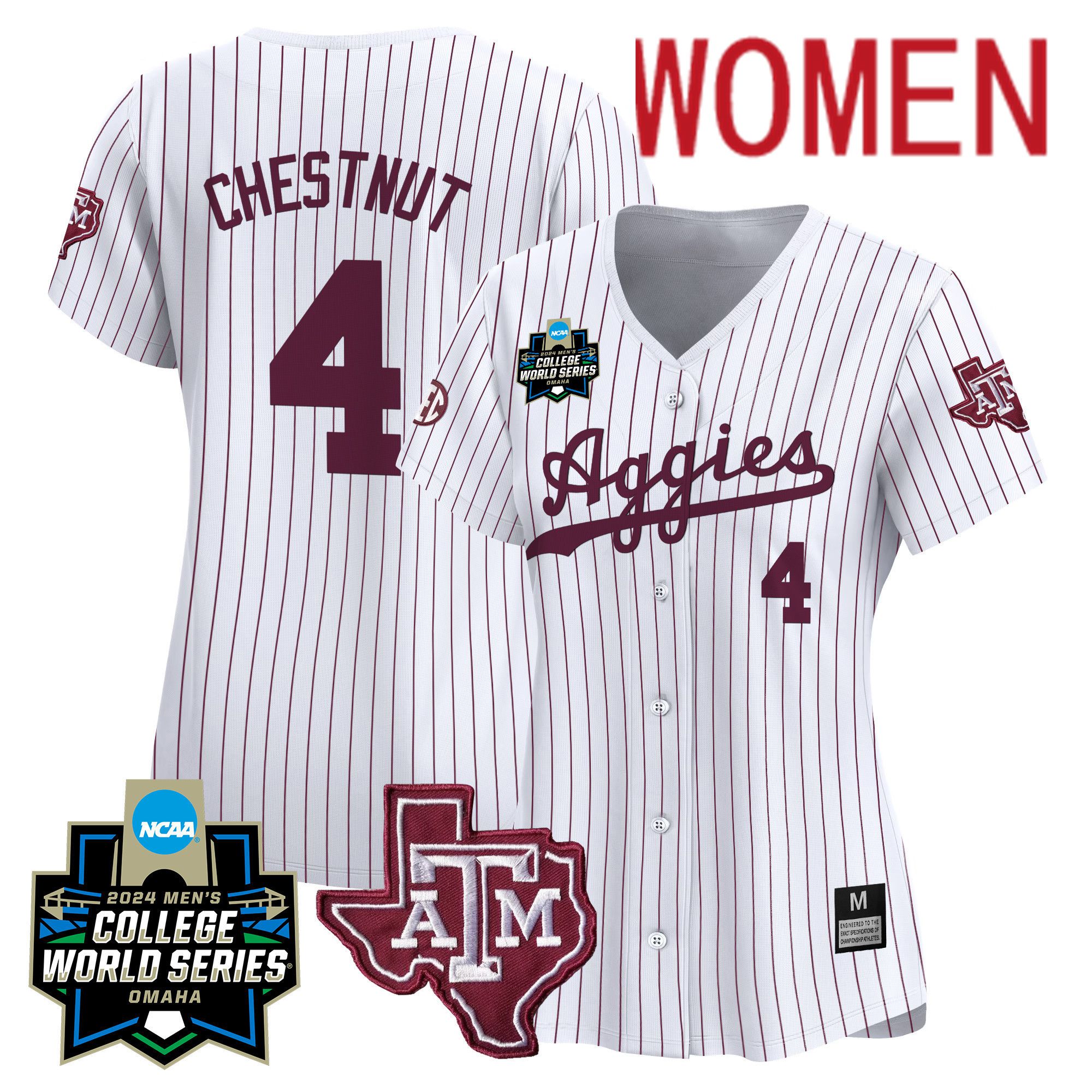 Women Texas A&M Aggies #4 Chestnut White Stripe 2024 College World Series Vapor Premier Limited NCAA Jersey->women nfl jersey->Women Jersey